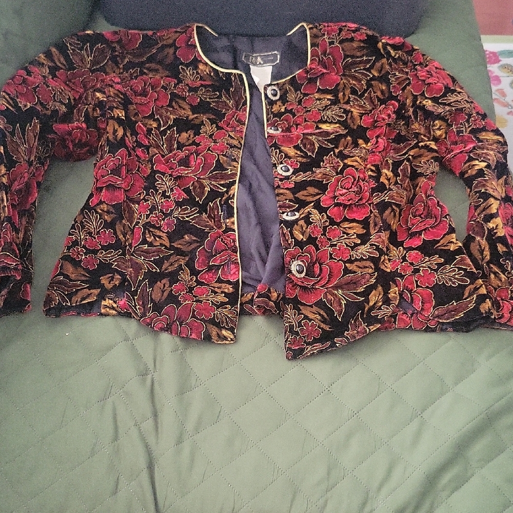 R&K Floral Velvet Blazer - Red and Gold-Vintage